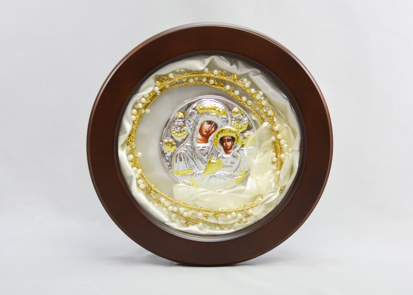 Round Wooden Stefanothiki - Gold & Silver Icon