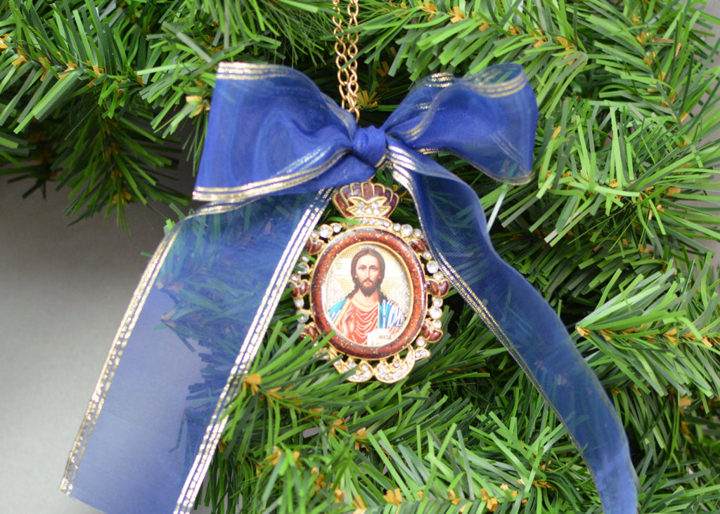 Christmas Ornament Blue Bow with Jeweled Icon